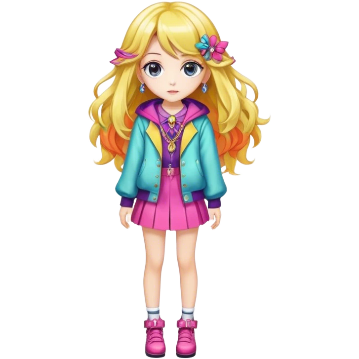 Pretty, stylish, kawaii, sparkly, lovely, shiny, accessories, anime style, character, real life, big eyes, cute, gorgeous hair, full body, stylish clothing, lady, young, romantic, colorful, detailed, cool design, aesthetic emoji