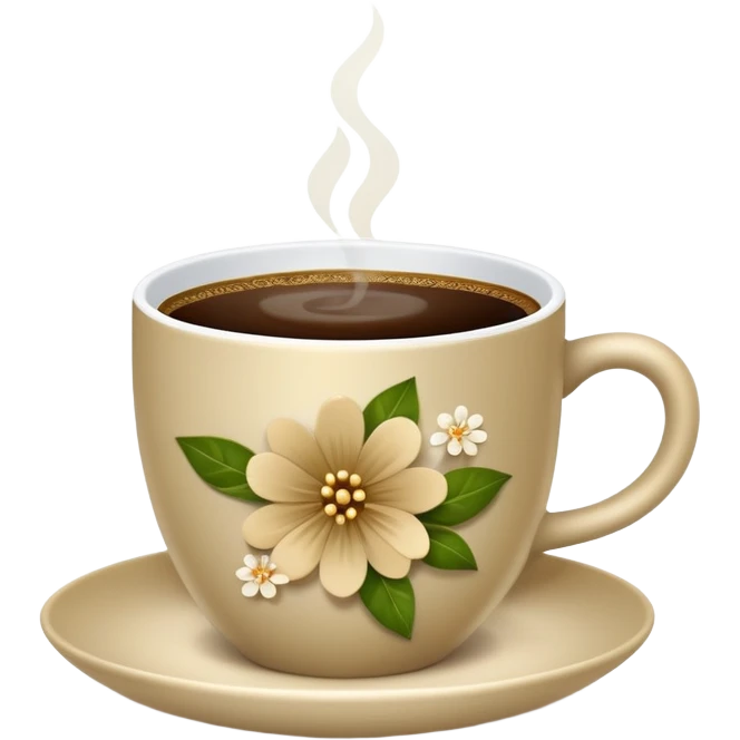 Cinematic Realistic sophisticated cup filled with khaki coffee with flower ornament emoji