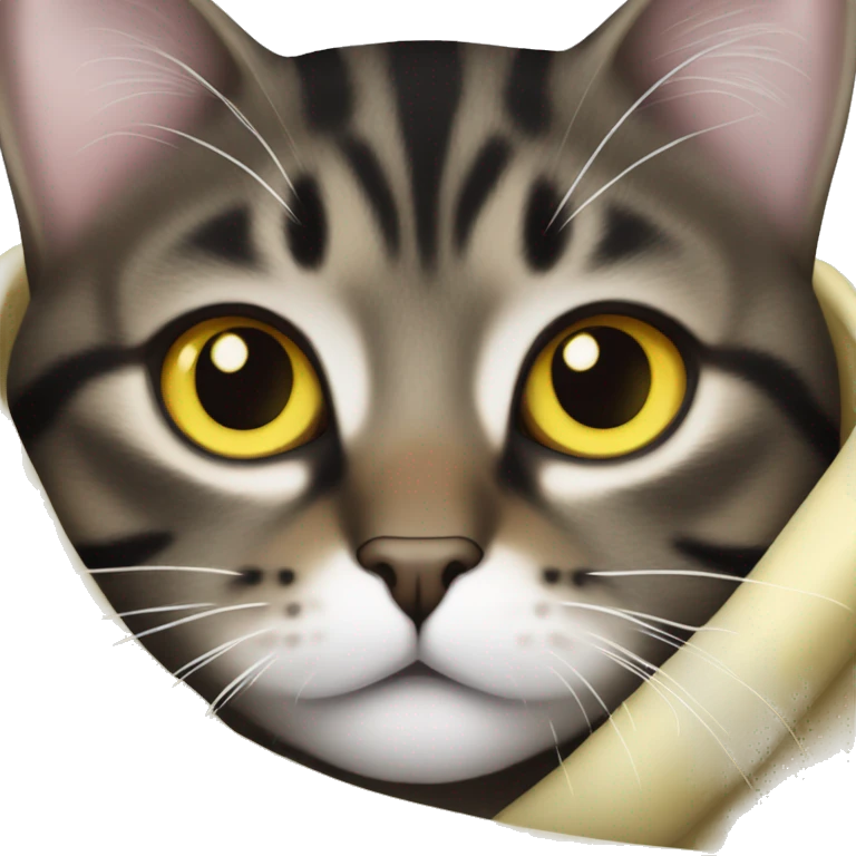 black brown tabby cat with white nose and white chest with yellow eyes in a blanket emoji