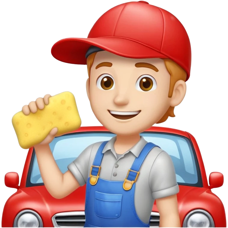 A car washer cleaning a shiny red car with foam and sponge, wearing overalls and cap, happy expression, cartoon emoji style, white background, clear outlines emoji