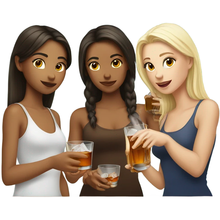 Two brunette girls and one blonde girl are drinking whiskey from an ice glass emoji
