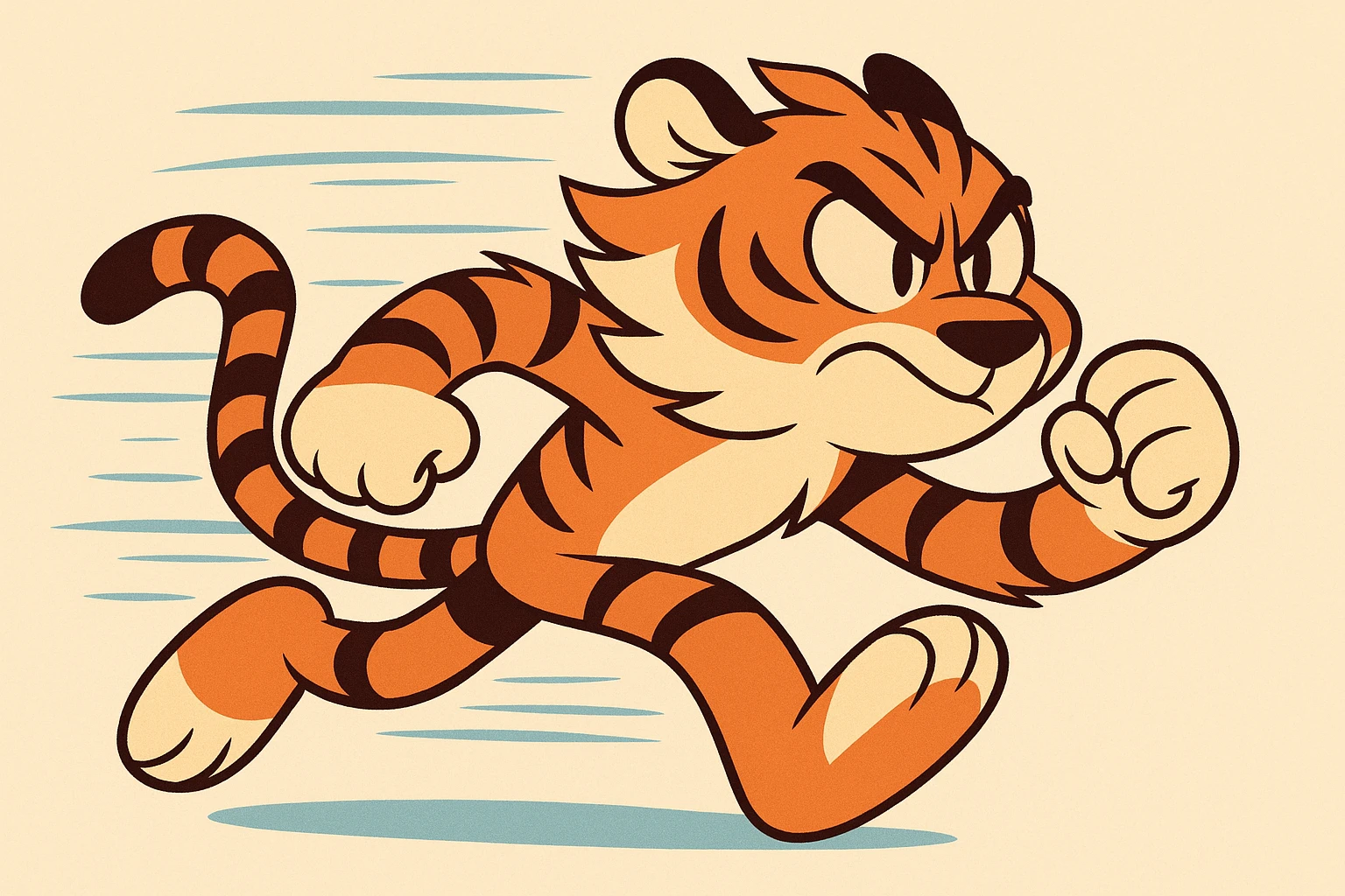 a tiger character dashing forward, with wind-swept fur and a determined face, inspired by Sonic the Hedgehog's iconic running pose, vibrant and bold colors, cartoon style emoji