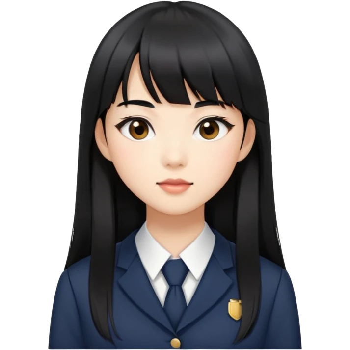 Asian woman in a chic school uniform, long black hair with straight bangs, and visible makeup emoji