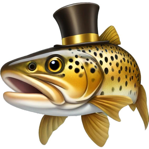 Brown trout wearing a top hat on head and a gold chain around his neck emoji