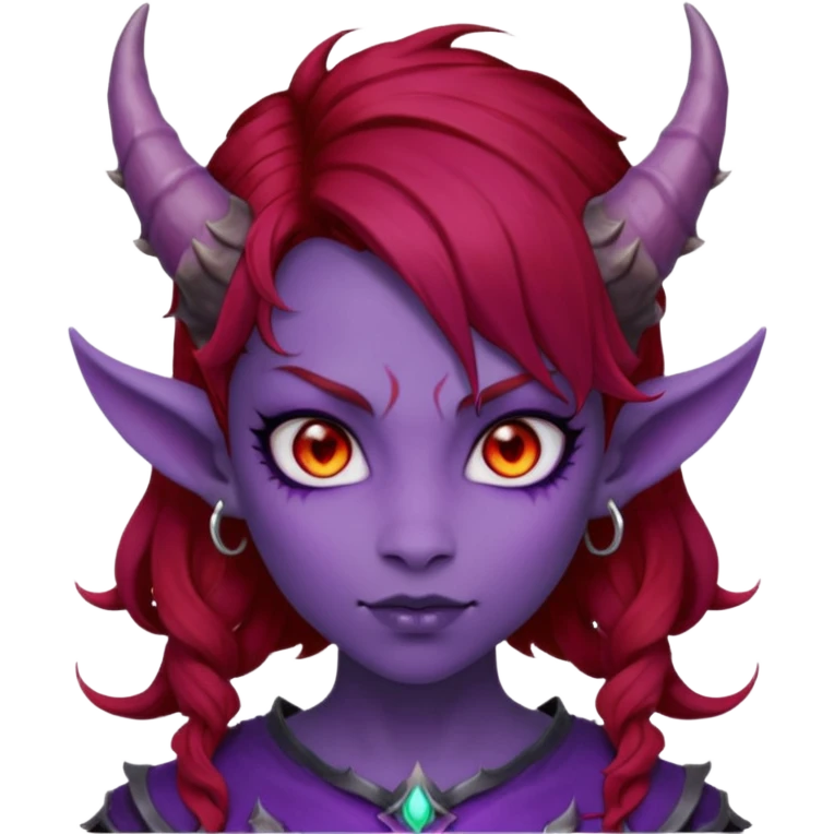 Demon Girl Purple Skin Dragon Horns Black Eyes Red Glowing Pupils Auburn Haired Red Shirt  emoji