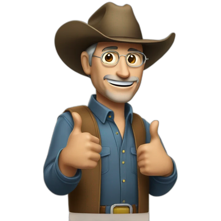Steve Jobs with a cowboyhat putting thumbs up emoji