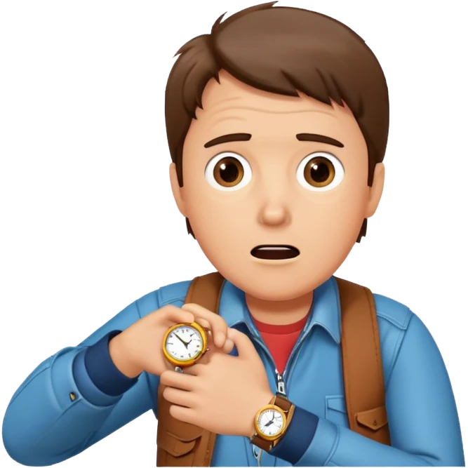 Marty McFly from Back to the Future, looking at his watch, surprised face emoji