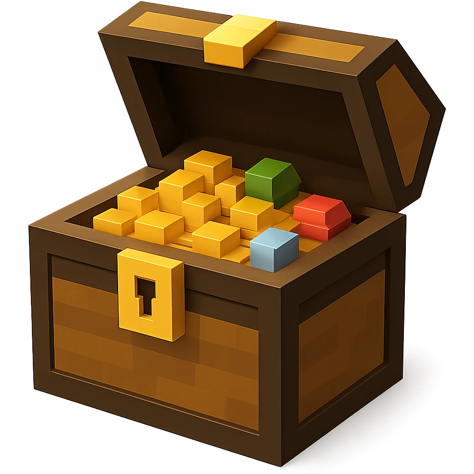 A pirate treasure chest with gold coins and gems, minimalist 3D blocks design emoji
