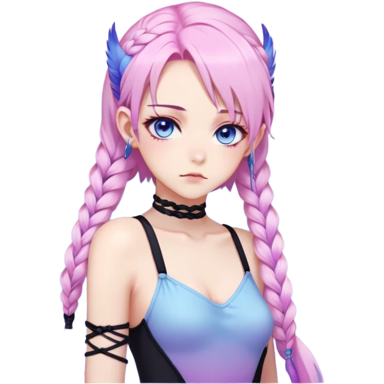 Gorgeous beautiful pretty grumpy anime lady long-pale-whitish-pastel-pink-hair with one braid on each side, hanging gradient-purple-pink feather-ear-cuffs on each side in hair, black bodysuit, blue eyes, pink iris, ethereal, fashion aesthetic  emoji