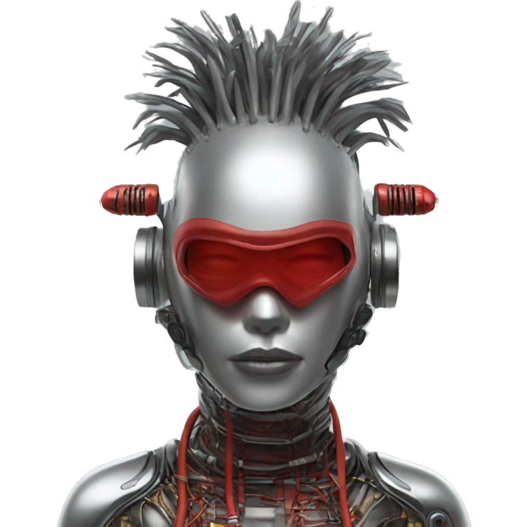 Silver Mohawk female cyborg head with red respirator mask and circuits emoji