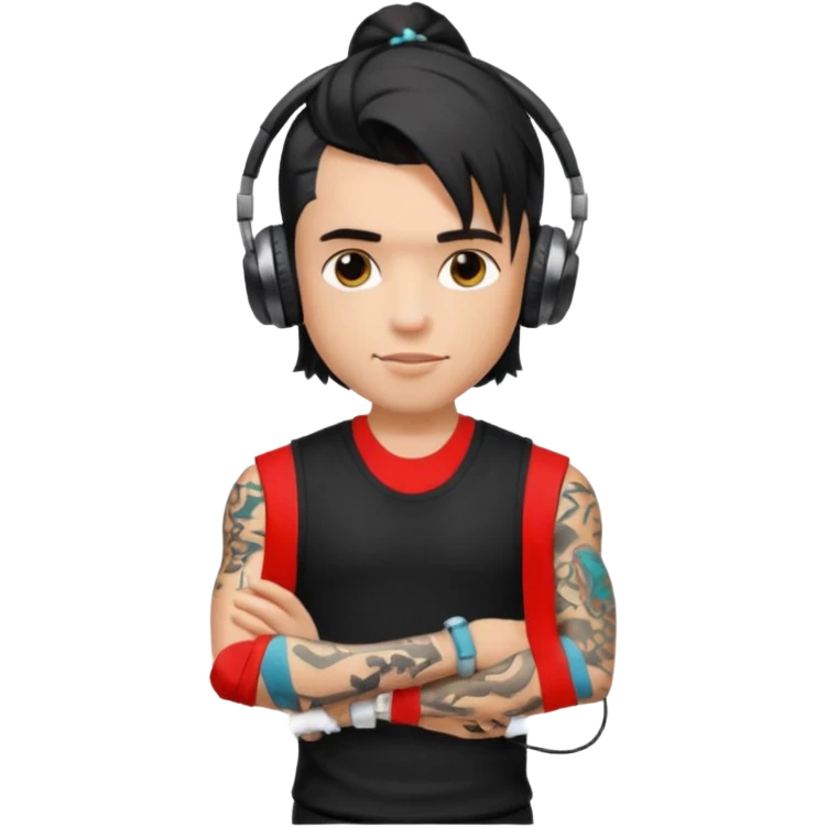 a pretty bratz guy with mullet and earphones and a sleeveless black top with tattoos on arm emoji
