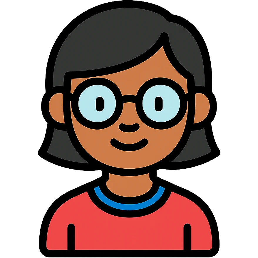 Asian girl with tan skin, short black hair, and glasses, color outline icon emoji