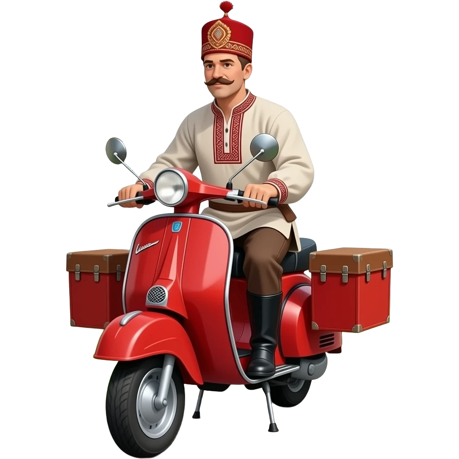 Vintage red cargo scooter motorcycle with two side cargo boxes, round headlight, retro 1960s style, man wearing traditional Caucasian clothes and papakha hat riding on a garden path near an old building, cinematic, realistic emoji