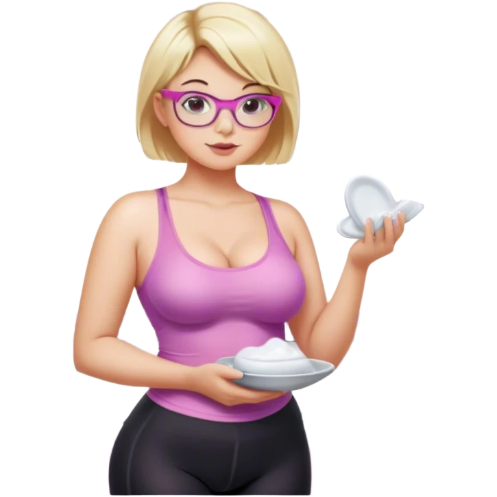 Seductive, Curvy fair skinned woman, short blond hair, small light purple reading glasses, washing dishes, SFW sheer pink tank top, without undergarments SFW, black yoga pants, thick booty emoji