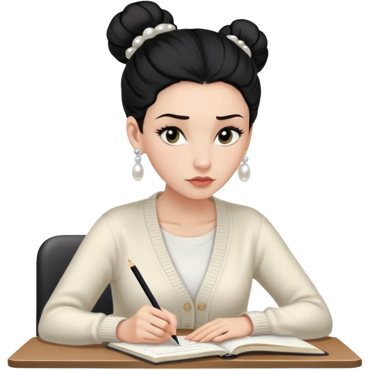 Gender: Female Hair: Sleek black bun with loose tendrils Face: Small nose, pursed lips in concentration Clothes: Cream-colored cardigan, pearl earrings Action: Writing in notebook during meeting emoji