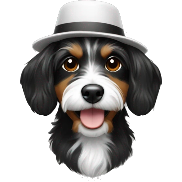Black and white shitzu mixed with dachshund with shaggy hair wearing a hat emoji