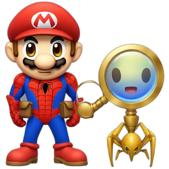 Mario in the Sonic costume with a Spider-Man magnifying glass emoji
