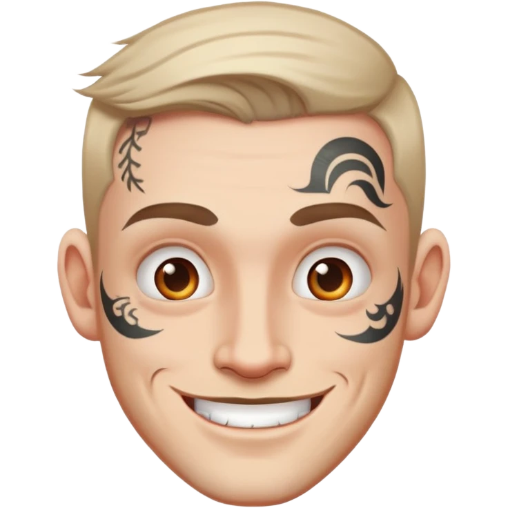 white man with bold face tattoo, happy face, wearing a white t-shirt emoji