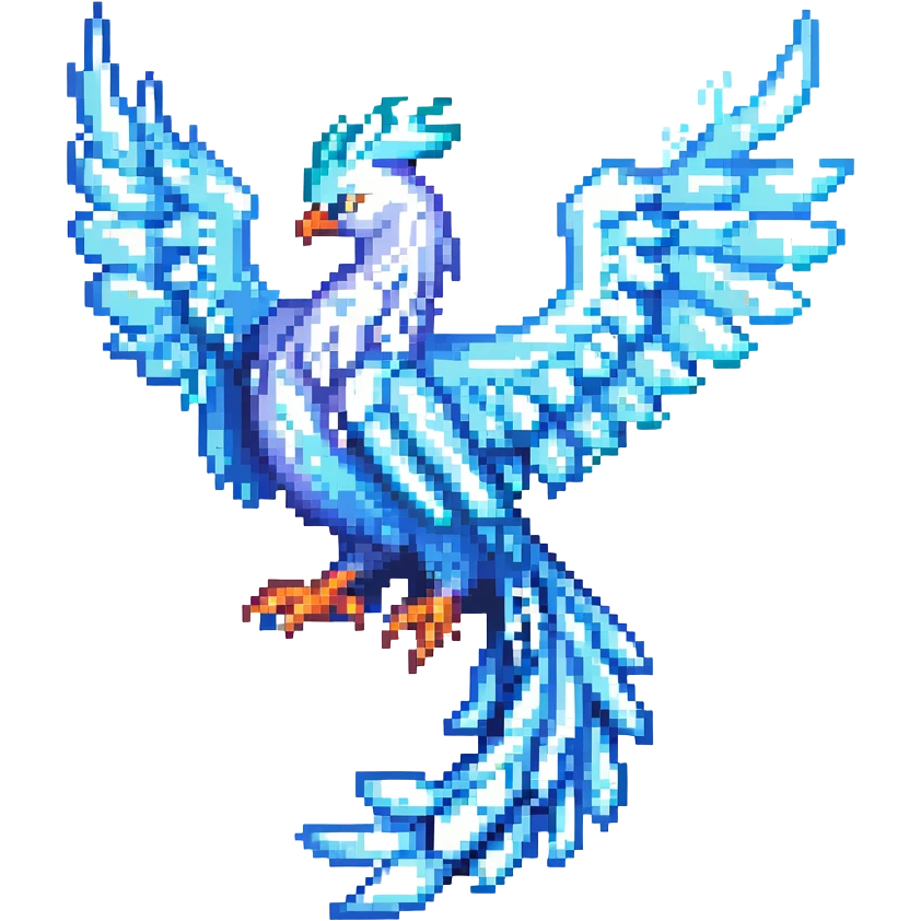 pixel art style ice phoenix, perched, icy tail, shimmering effect, compact design emoji