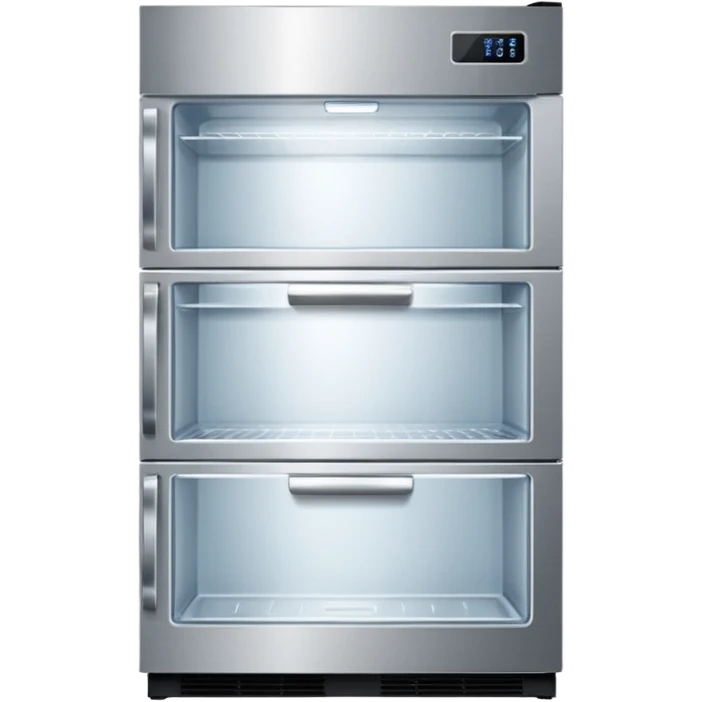 A refrigerator with a transparent front glass divided into three compartments, empty and unfilled. The refrigerator faces forward. It must be divided into three compartments and must have three drawers. emoji
