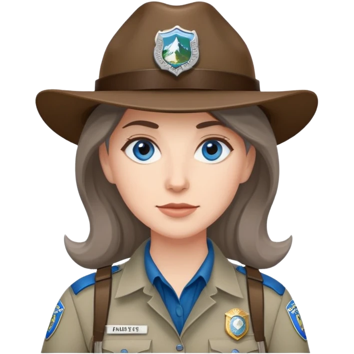 white woman park ranger with brown and gray hair and blue eyes emoji