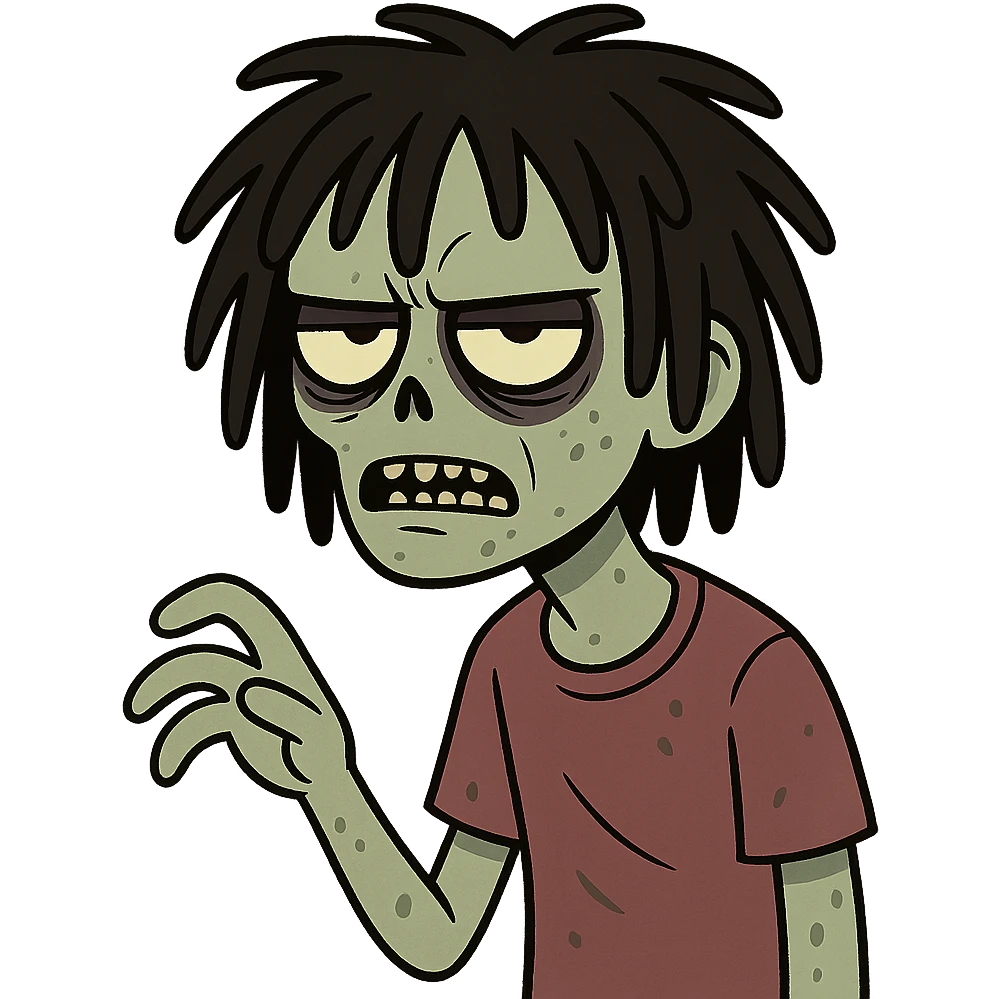 creepy cartoon boy zombie, black shaggy freeform dreadlocks, medium long, dark and haunting expression emoji