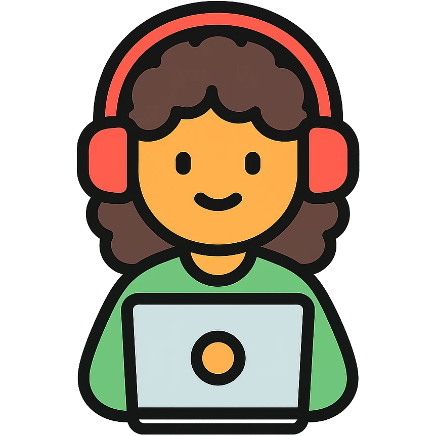 curly hair girl with headphones and a laptop, color outline icon emoji