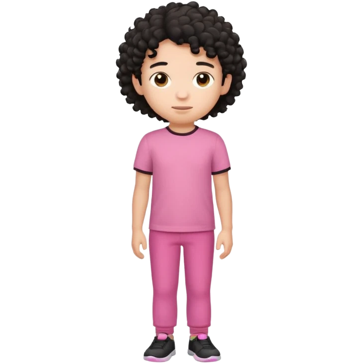 Kid boy wearing pink T-shirt, black curly hair, full body emoji