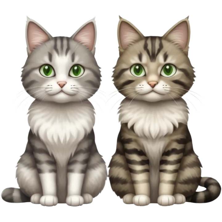 a realistic looking very fluffy grey and white cat sitting next to another cat emoji