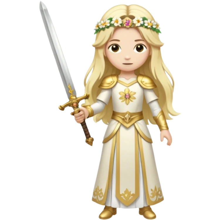 Lumine (from Genshin Impact) White and golden clothes, blonde, long-haired, with flower hair clip, and wielding a sword (full body) emoji
