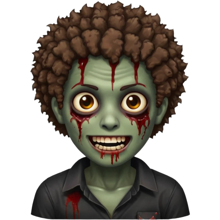 zombie with brown skin, short messy afro hair, wide centered brown eyes, dark bloody marks under the eyes, and a smile showing shiny metal teeth,black shirt, giving a distressed, undead look. emoji
