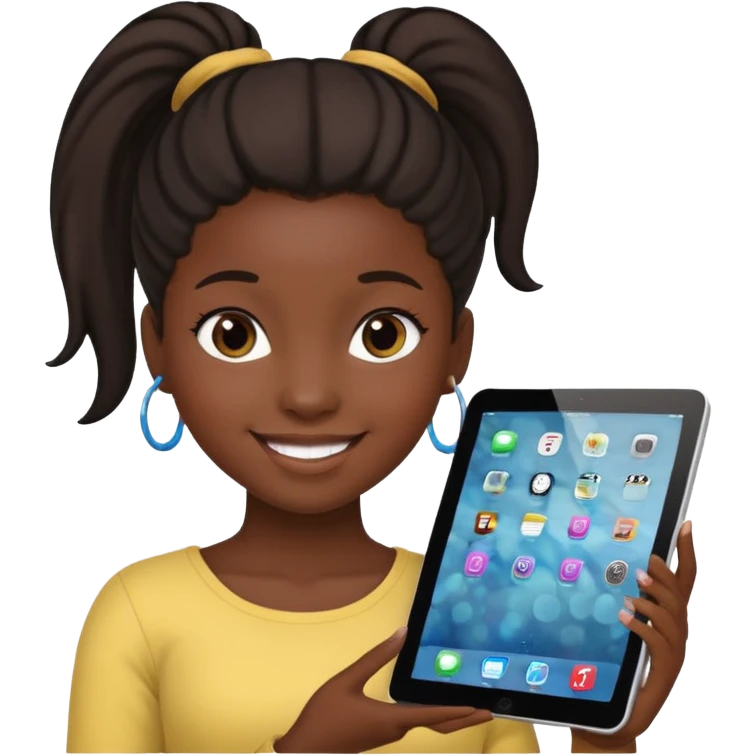 Black girl with ponytail holding ipad emoji