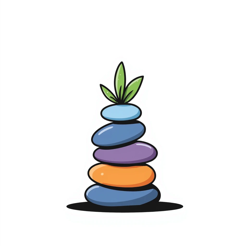 A zen-like balanced stack of colorful stones in blues, purples, and oranges with a small green plant growing beside it, representing balance and stress relief. Hand-drawn doodle style with vibrant colors. emoji