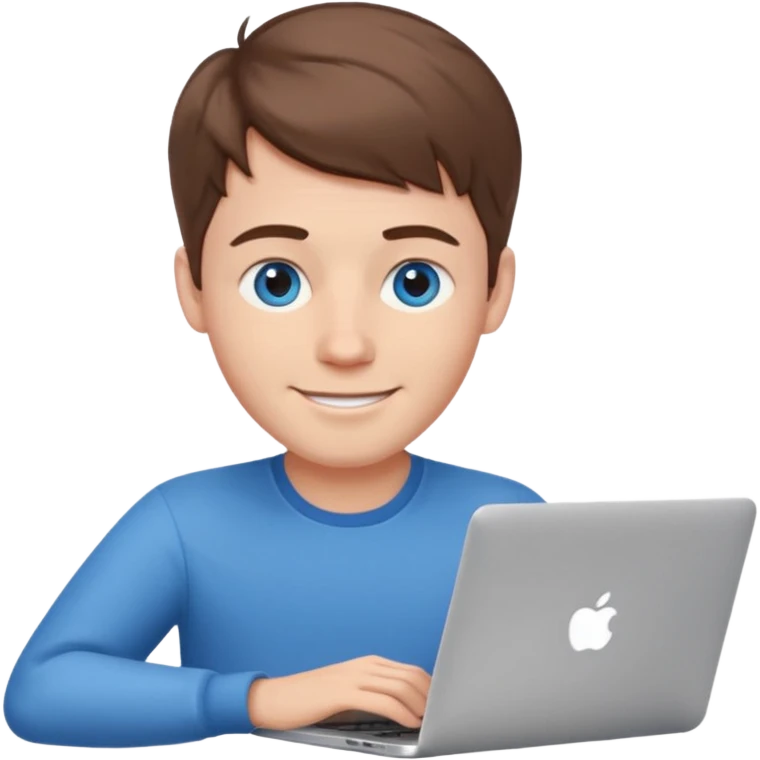 blue-eyed European man typing on a MacBook, friendly look emoji emoji