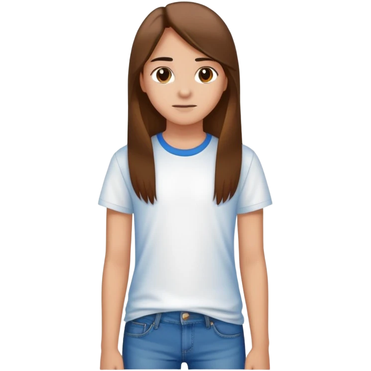 A 15 year old gear with brown eyes, long brown straight hair, wearing a plain white t shirt, and blue jeans emoji