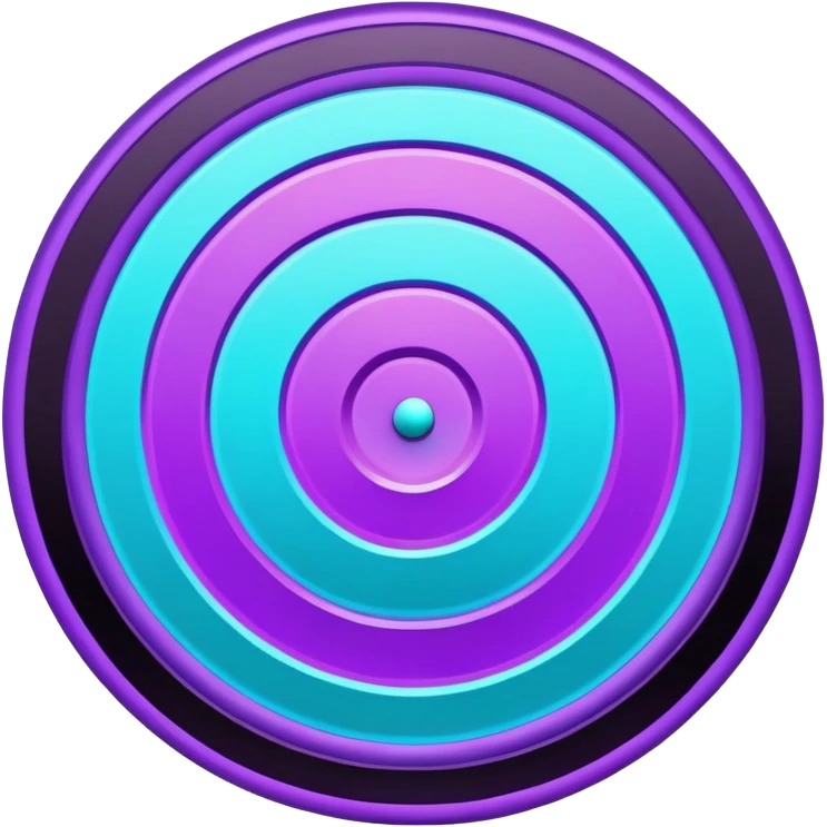 Flat bullseye target emoji, 2D icon, concentric rings, neon purple and cyan holographic glow, dark background, digital tech style, abstract sparkles, no depth, no face emoji