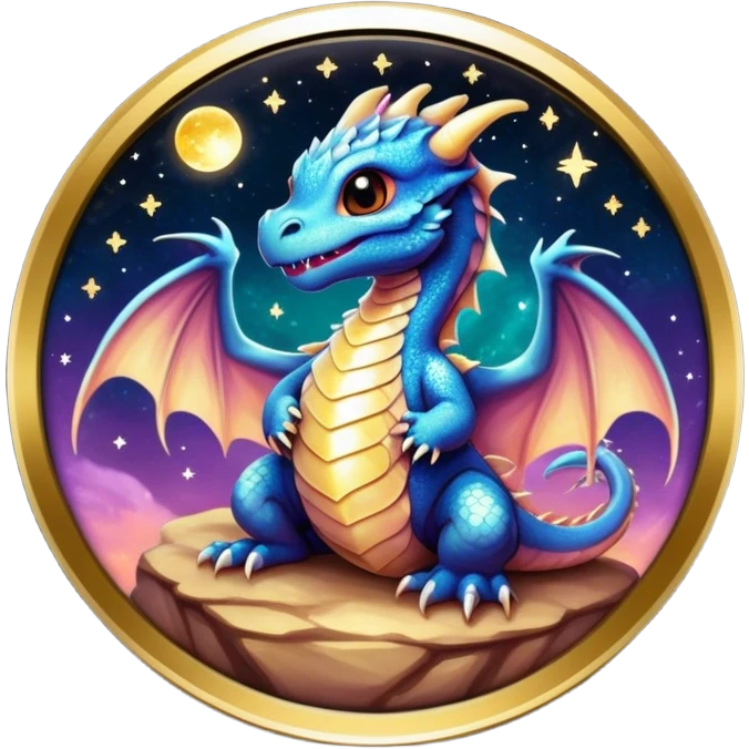 A round bezeled button with an Airbrush painted image of a dragon hatchling under a deep galactic sky with pearlescent scales and wings spread against the stars emoji