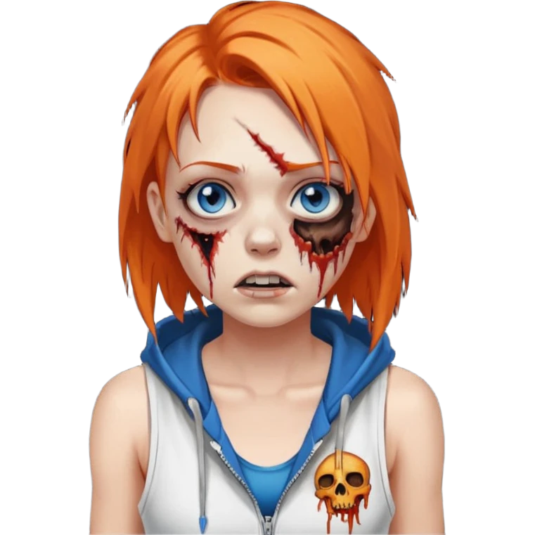 сделай рыжую девушку зомби с избитым лицом, не в полный рост, пусть ее рыжие волосы будут ниже груди с осветленными прядями, глаза у нее будут голубые, а одета она будет в дранную белую майку и черную зип худи emoji