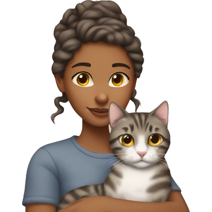 brownskin girl cuddling one gray tabby cat emoji