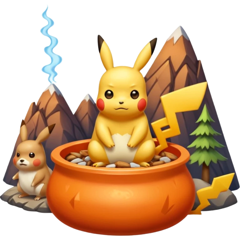 Un Pikachu rouge qui et triste avec des éclairs en fond et il a fait caca et pipi dans un pot orange et une montagne derrière  emoji