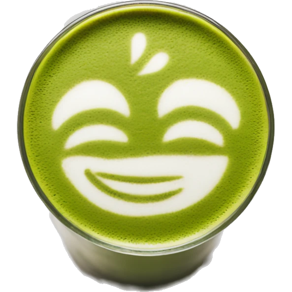 matcha latte in a clear glass with latte art emoji