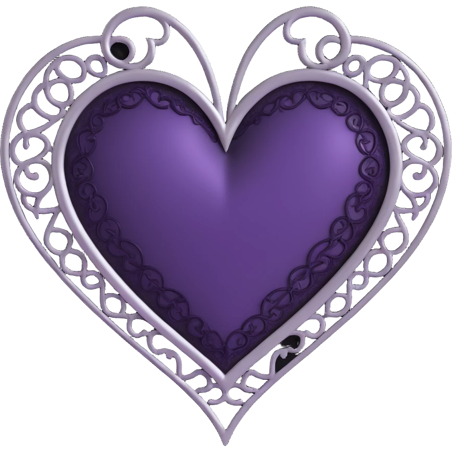 gothic heart, deep purple satin texture, silver filigree, black lace trim, moody and elegant style, faint glowing outline emoji