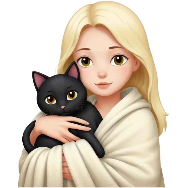 Beautiful girl with fair skin - just after taking a bath - wrapped in a blanket and hugging a black cat emoji