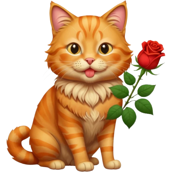 A fluffy, orange tabby cat fuul body, having a rose in it's mouth, and looked like he came from outside. emoji