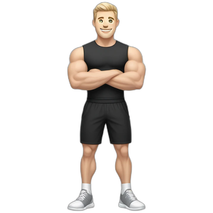 Joyful Pale skinned Fit Man With the biceps and dark brown hair in black shirt, gray sports shorts and white Sneakers emoji