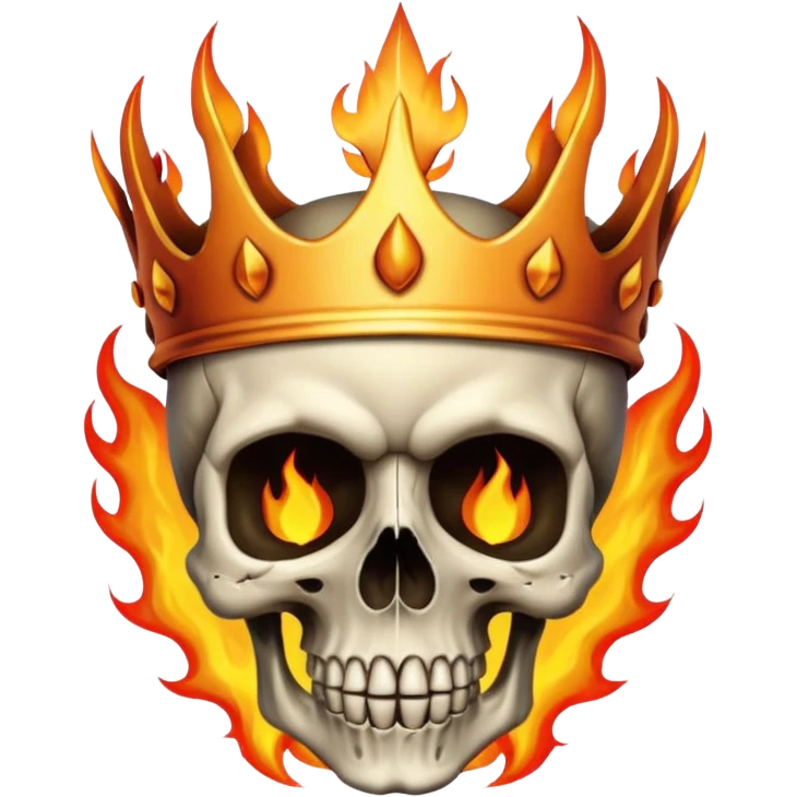 A detailed skull crowned by realistic flames, gothic metal aesthetic, high contrast, soft neutral background, subtle shadow, emoji-style icon, clean edges, digital illustration. emoji