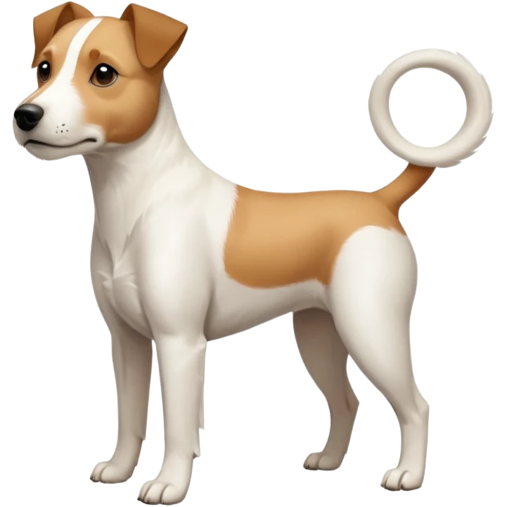 a full body facing front on of a buff white parson russell terrier looking dog the size of a kelpie with light brown long ears and a light brown patch on one eye and a large snout. the rest of the dog is completely white.  emoji