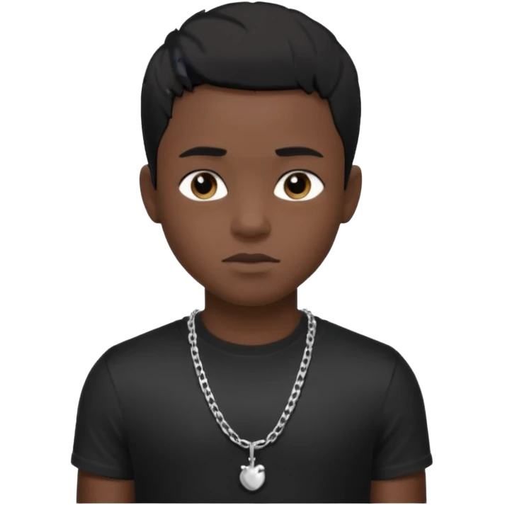 Generate a emoji of a black boy with dark skin, wearing a black compressed T-shirt, with short 4C black hair and make him wearing a silver chain, and make the chain thin emoji