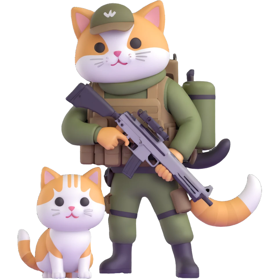 Man in tactical airsoft gear holding a gun in one hand and a white and brown cat in the other hand emoji