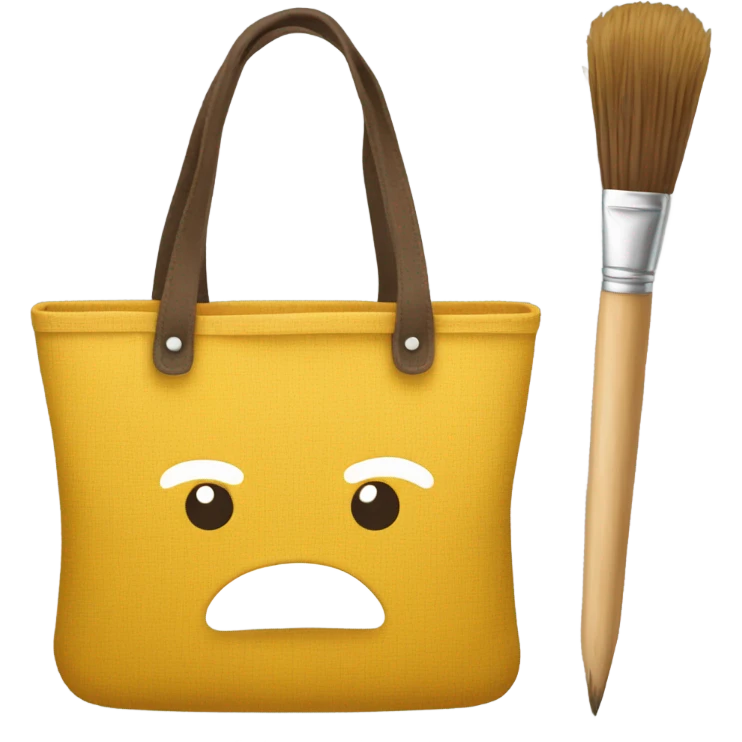 Brown and yellow tote bag with paintbrush and sad  emoji